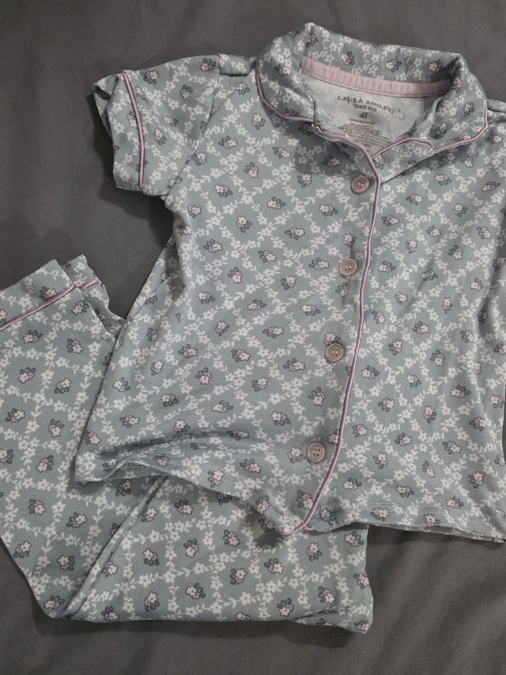 Laura Ashley Light Blue Floral Short Sleeve Pajama Set with Pink Trim